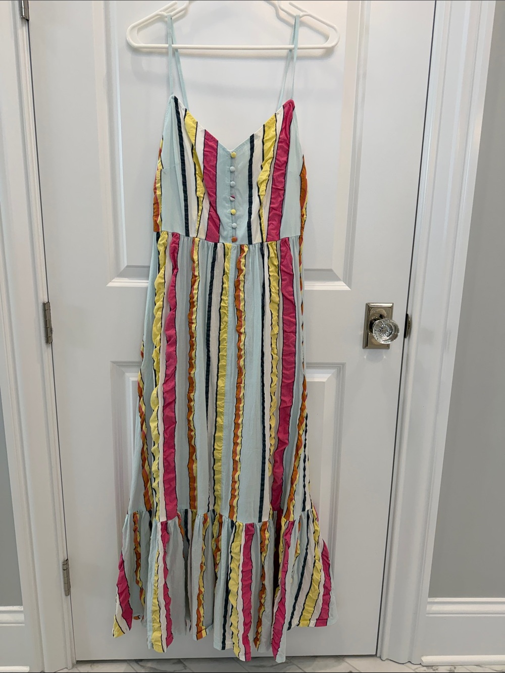 J. Crew Striped Ruffle Maxi Dress - Light Blue, Pink, Yellow, Brown